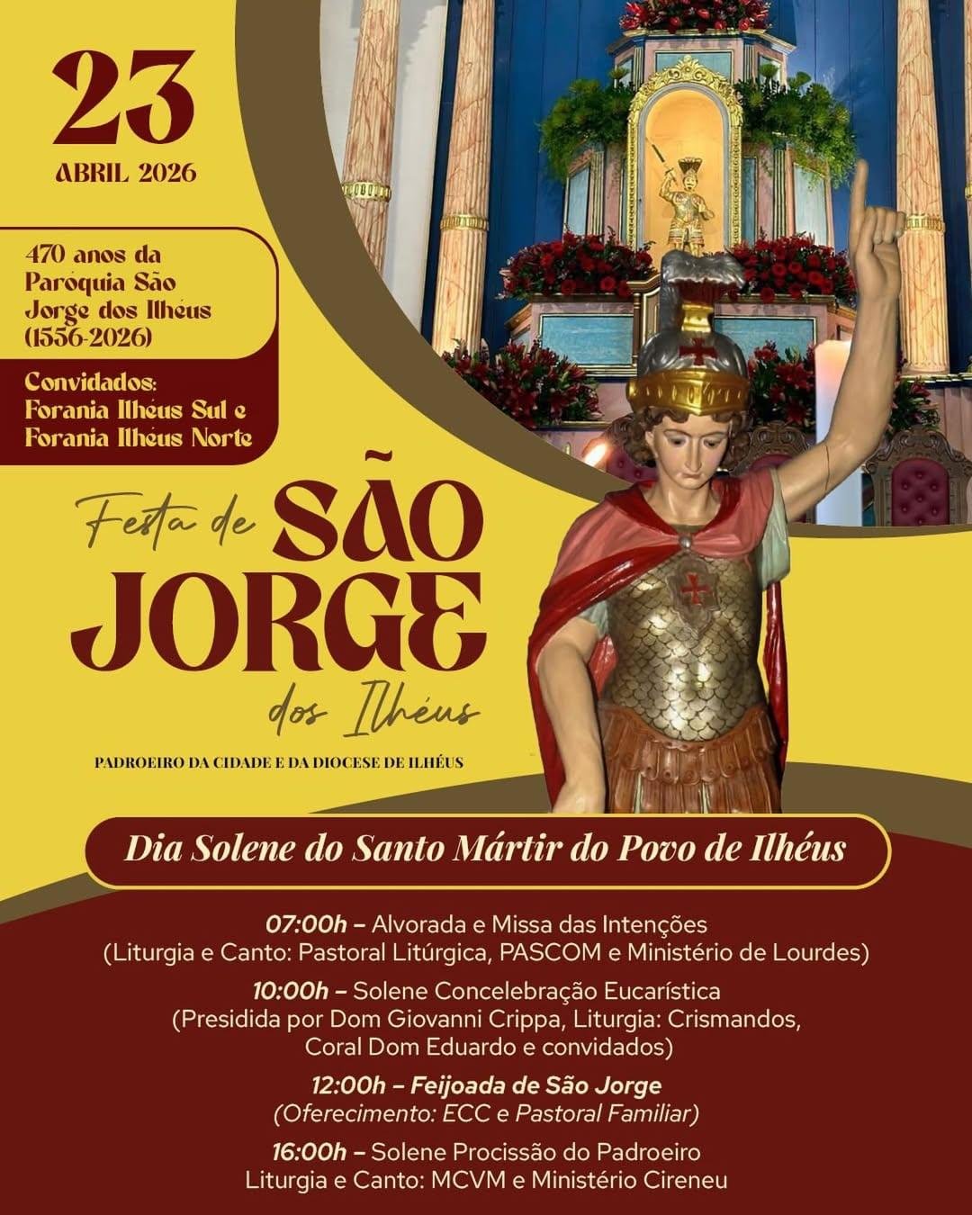 ILHÉUS CELEBRA DIA DE SÃO JORGE COM PROGRAMAÇÃO RELIGIOSA, PROCISSÃO E FEIJOADA