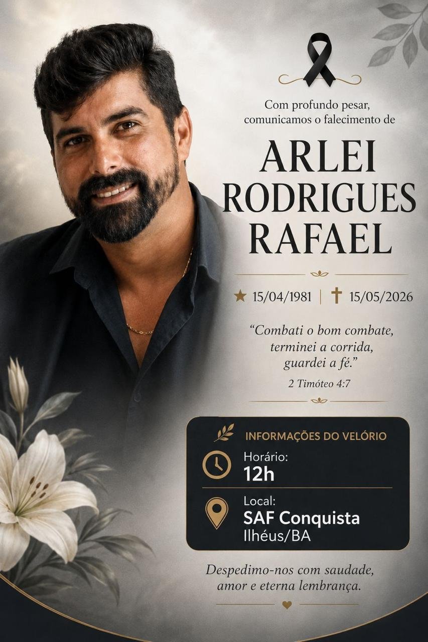 SEPULTAMENTO DO PASTOR RAFAEL ARLEY SERÁ ÀS 16H NO CEMITÉRIO DO PONTAL, EM ILHÉUS SEPULTAMENTO DO PASTOR RAFAEL ARLEY SERÁ ÀS 16H NO CEMITÉRIO DO PONTAL, EM ILHÉUS