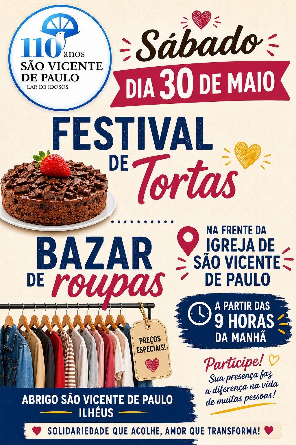 ABRIGO SÃO VICENTE DE PAULO PROMOVE FESTIVAL DE TORTAS E BAZAR BENEFICENTE EM ILHÉUS