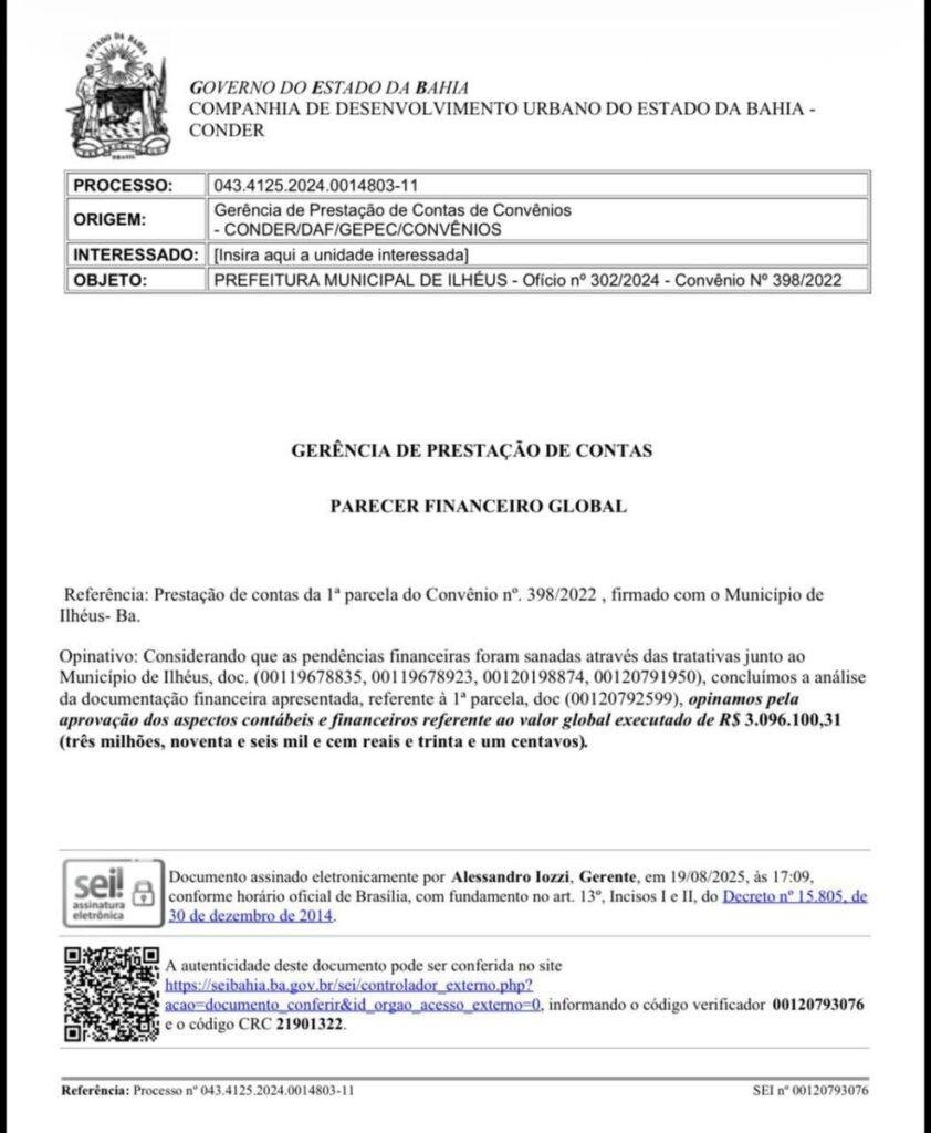 DOCUMENTOS OFICIAIS DA CONDER APROVAM PRESTAÇÃO DE CONTAS DE MARÃO SOBRE O CANAL DO MALHADO