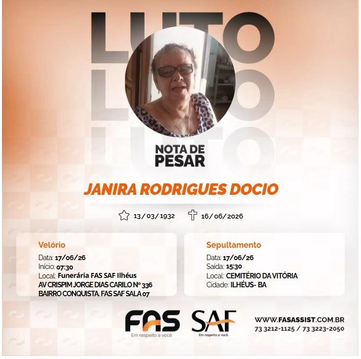 MORRE JANIRA RODRIGUES DOCIO, EX-FUNCIONÁRIA DA PIEDADE E MATRIARCA DE FAMÍLIA TRADICIONAL DE ILHÉUS MORRE JANIRA RODRIGUES DOCIO, EX-FUNCIONÁRIA DA PIEDADE E MATRIARCA DE FAMÍLIA TRADICIONAL DE ILHÉUS