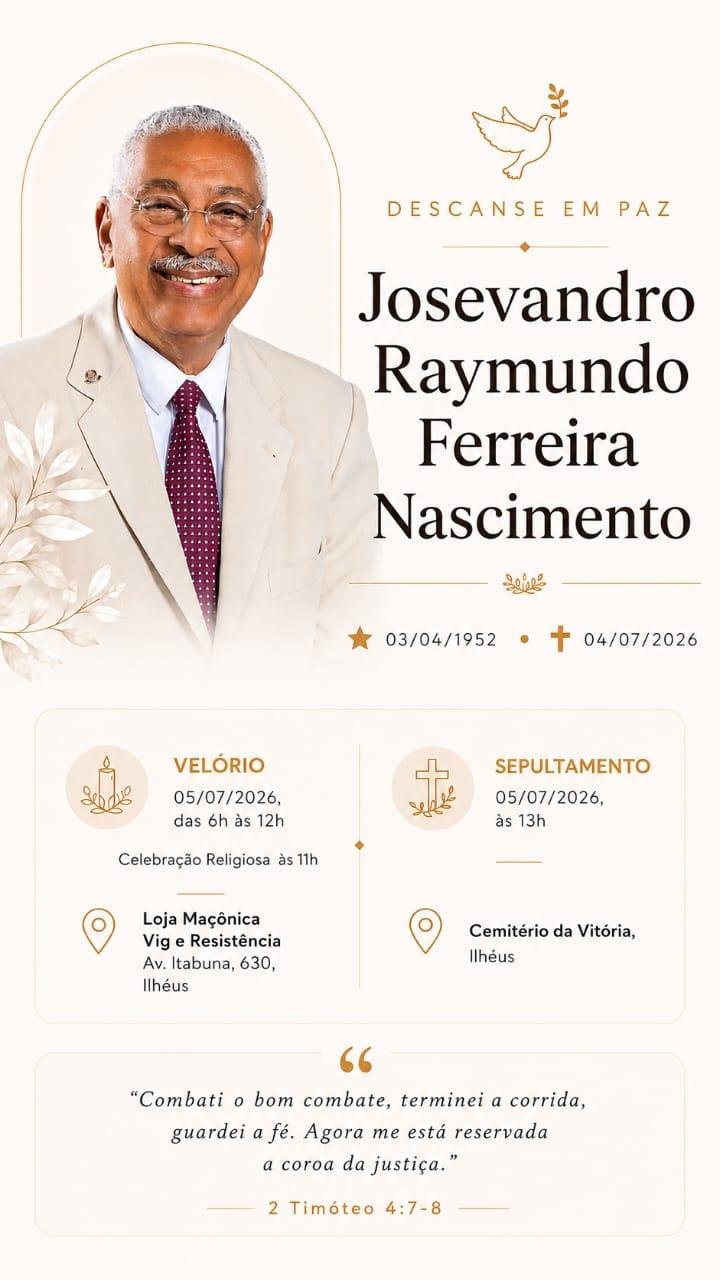 JOSEVANDRO NASCIMENTO SERÁ VELADO NA LOJA MAÇÔNICA VIGILÂNCIA E RESISTÊNCIA E SEPULTADO NO CEMITÉRIO DA VITÓRIA JOSEVANDRO NASCIMENTO SERÁ VELADO NA LOJA MAÇÔNICA VIGILÂNCIA E RESISTÊNCIA E SEPULTADO NO CEMITÉRIO DA VITÓRIA