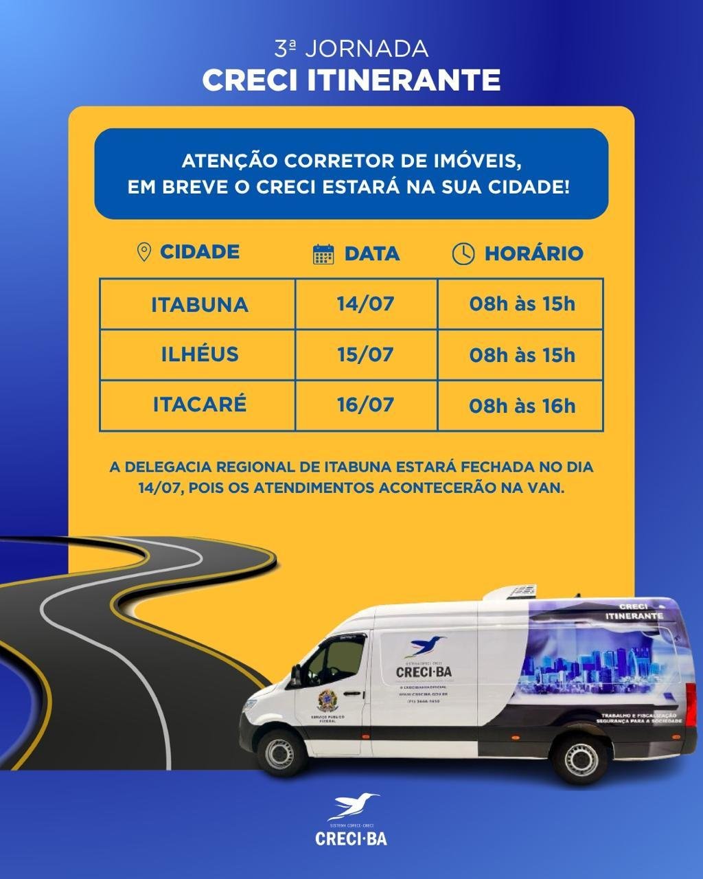 CRECI ITINERANTE CHEGA AO SUL DA BAHIA COM ATENDIMENTO, FISCALIZAÇÃO E FORTALECIMENTO DA CATEGORIA