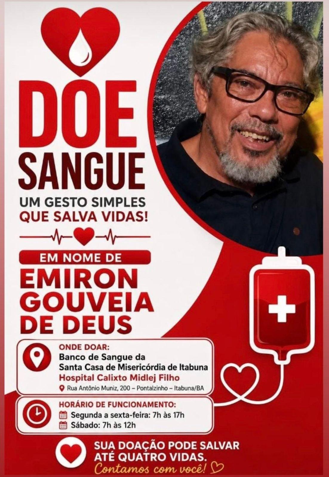 DOAÇÃO DE SANGUE É MOBILIZADA EM NOME DE EMIRON GOUVEIA DE DEUS