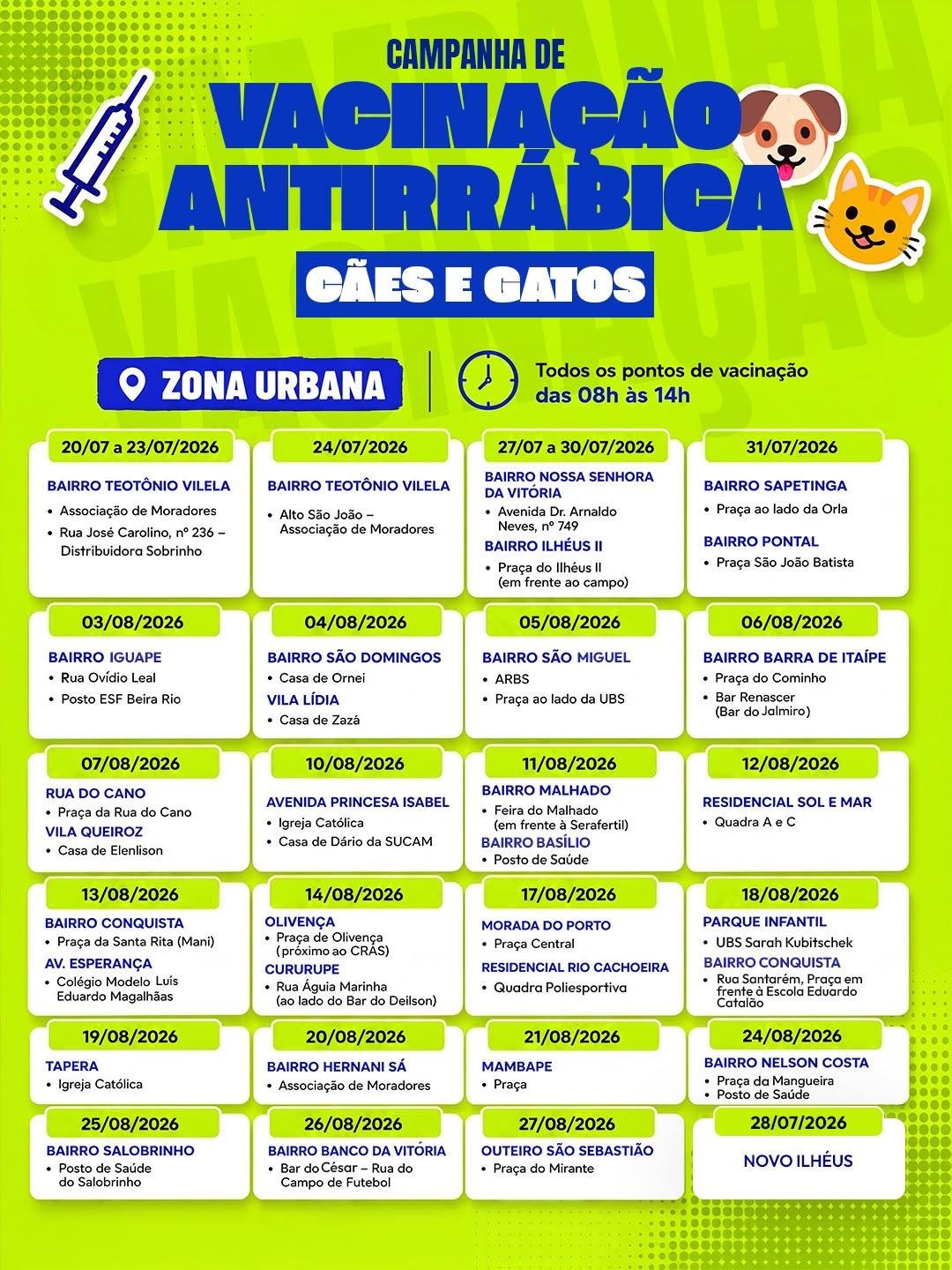 CONFIRA O CRONOGRAMA DA VACINAÇÃO ANTIRRÁBICA PARA CÃES E GATOS EM ILHÉUS