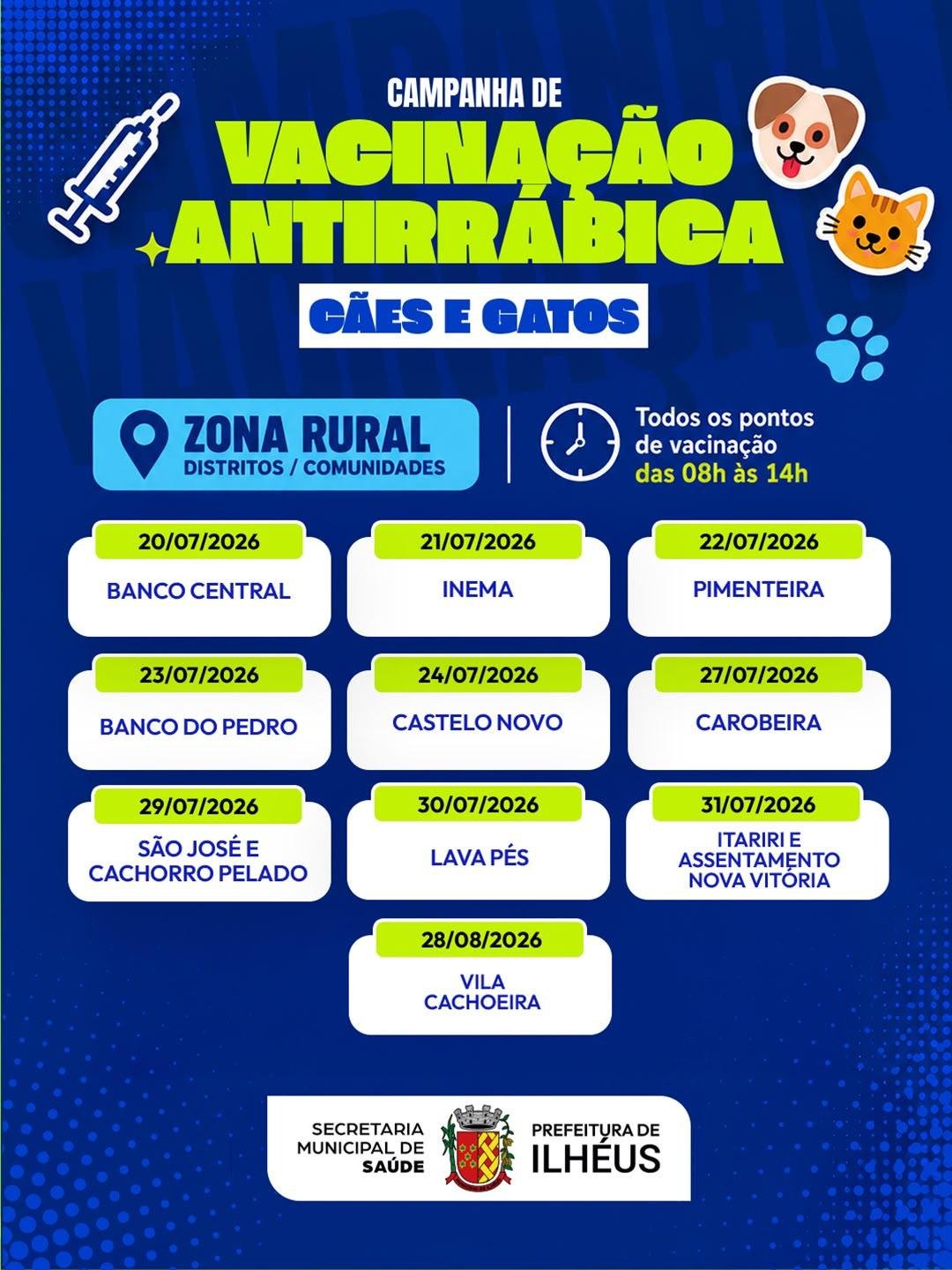 CONFIRA O CRONOGRAMA DA VACINAÇÃO ANTIRRÁBICA PARA CÃES E GATOS EM ILHÉUS