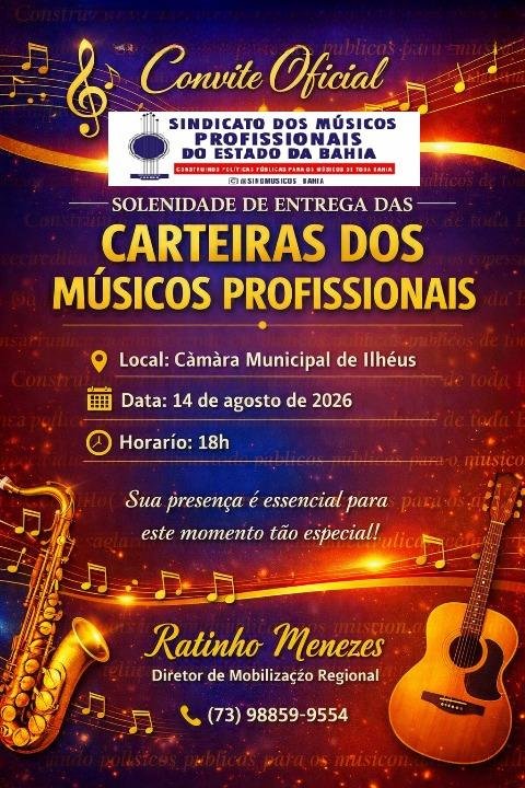 SINDICATO DOS MÚSICOS PROFISSIONAIS DA BAHIA REALIZA ENTREGA DE CARTEIRAS EM ILHÉUS SINDICATO DOS MÚSICOS PROFISSIONAIS DA BAHIA REALIZA ENTREGA DE CARTEIRAS EM ILHÉUS
