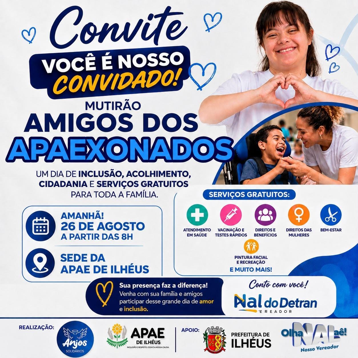 MUTIRÃO “AMIGOS DOS APAEXONADOS” OFERECE SERVIÇOS GRATUITOS NA APAE DE ILHÉUS NESTA QUARTA-FEIRA (26)