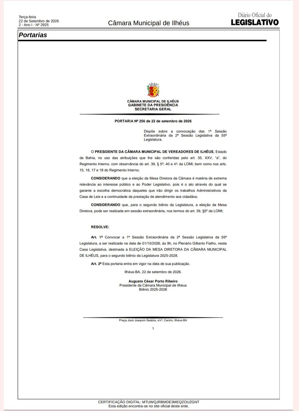 ELEIÇÃO PARA O SEGUNDO BIÊNIO DA LEGISLATURA 2025-2028 SERÁ REALIZADA NO DIA 1º DE OUTUBRO ELEIÇÃO PARA O SEGUNDO BIÊNIO DA LEGISLATURA 2025-2028 SERÁ REALIZADA NO DIA 1º DE OUTUBRO