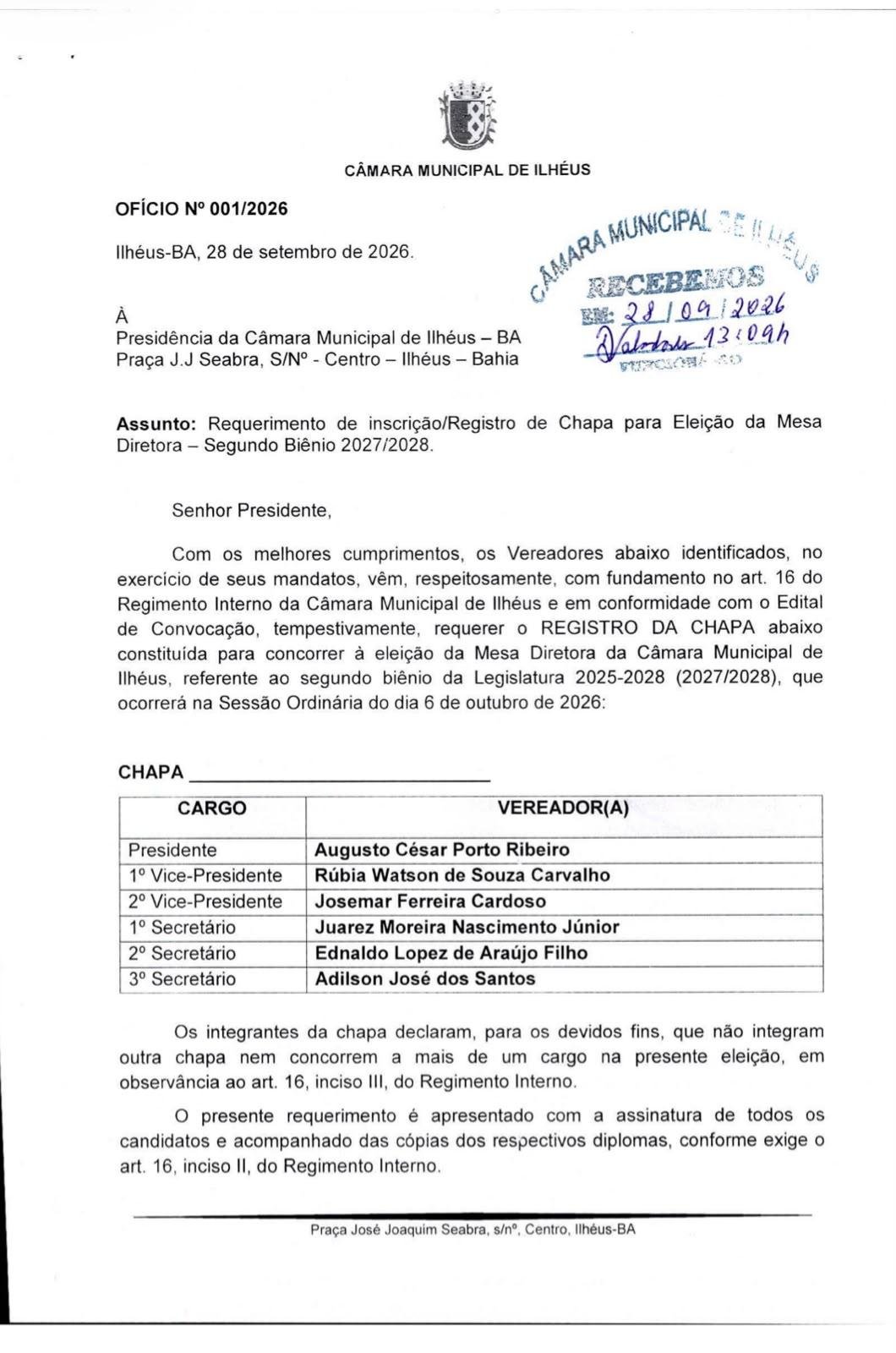CÉSAR PORTO OFICIALIZA CHAPA E DISPUTARÁ REELEIÇÃO À PRESIDÊNCIA DA CÂMARA DE ILHÉUS NO BIÊNIO 2027/2028