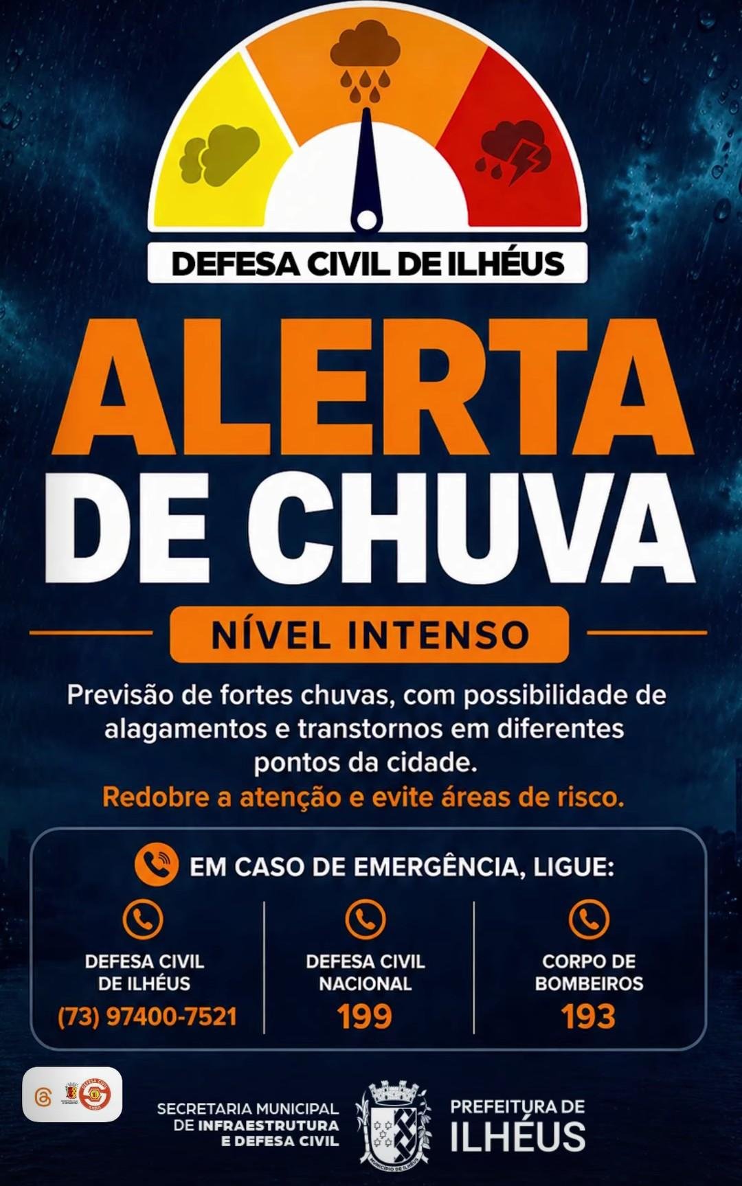 DEFESA CIVIL REGISTRA 125 MILÍMETROS DE CHUVA EM ILHÉUS E ALERTA PARA MAIS TRÊS DIAS DE PRECIPITAÇÃO DEFESA CIVIL REGISTRA 125 MILÍMETROS DE CHUVA EM ILHÉUS E ALERTA PARA MAIS TRÊS DIAS DE PRECIPITAÇÃO