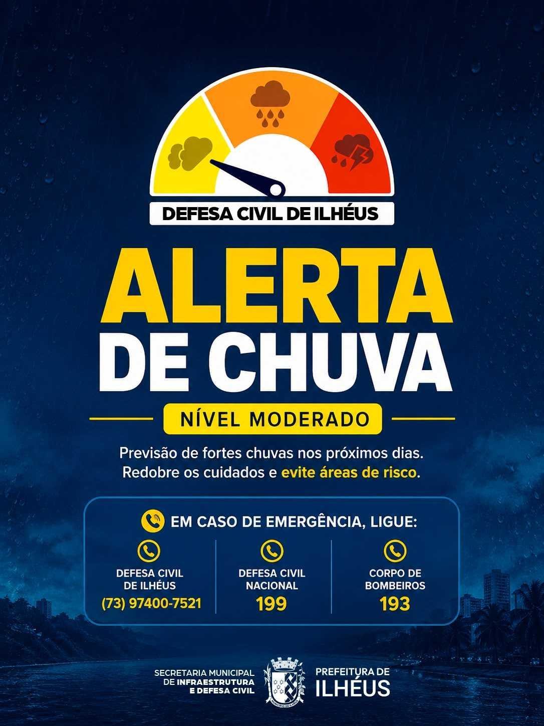 ILHÉUS EMITE ALERTA PARA FORTES CHUVAS NOS PRÓXIMOS TRÊS DIAS