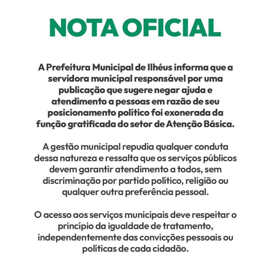 ENFERMEIRA É EXONERADA DE FUNÇÃO GRATIFICADA APÓS PUBLICAÇÃO CONTRA PETISTAS EM ILHÉUS ENFERMEIRA É EXONERADA DE FUNÇÃO GRATIFICADA APÓS PUBLICAÇÃO CONTRA PETISTAS EM ILHÉUS
