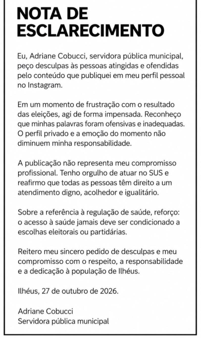 ENFERMEIRA É EXONERADA DE FUNÇÃO GRATIFICADA APÓS PUBLICAÇÃO CONTRA PETISTAS EM ILHÉUS ENFERMEIRA É EXONERADA DE FUNÇÃO GRATIFICADA APÓS PUBLICAÇÃO CONTRA PETISTAS EM ILHÉUS