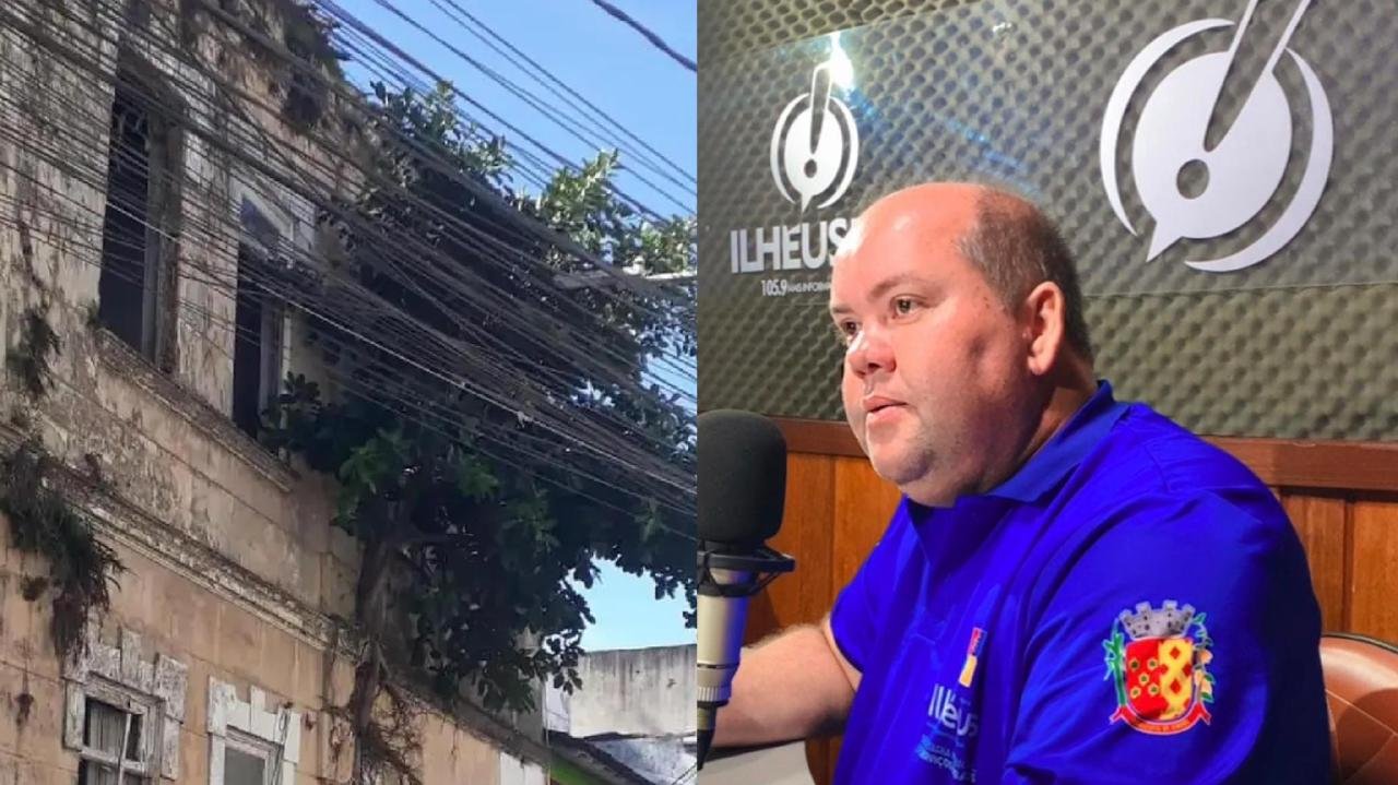 SECRETÁRIO DE SERVIÇOS URBANOS, CACÁ COLCHÕES, ANUNCIA RETIRADA DE ÁRVORE QUE ROMPE PAREDE DE CASARÃO HISTÓRICO NO CENTRO DE ILHÉUS