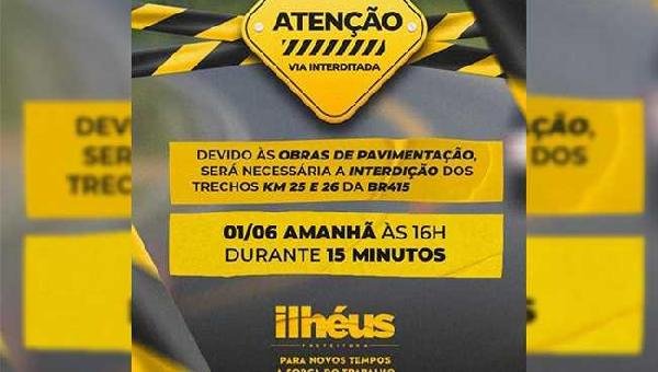 COMUNICADO: INTERDIÇÃO DO TRECHO DA BR-415 NESTA QUINTA (1)