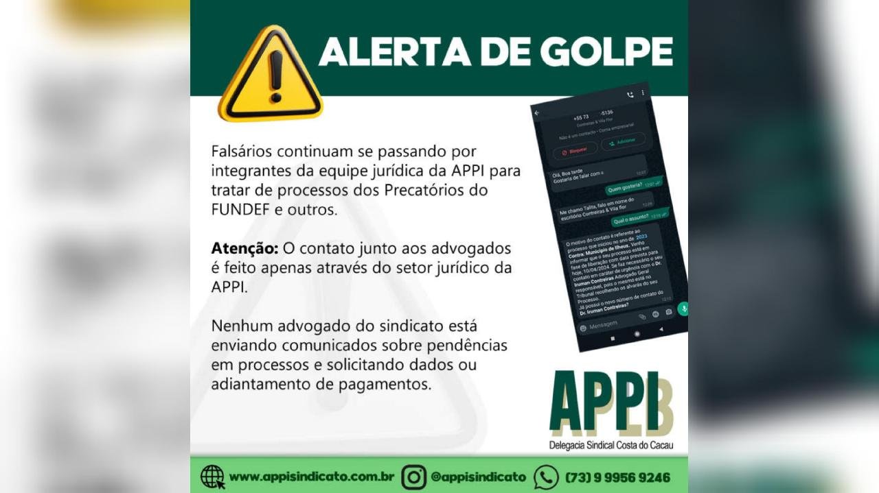 APPI ALERTA SOBRE GOLPISTAS QUE ESTÃO SE PASSANDO POR EQUIPE JURÍDICA DE ESCRITÓRIO RESPONSÁVEL PELO FUNDEF APPI ALERTA SOBRE GOLPISTAS QUE ESTÃO SE PASSANDO POR EQUIPE JURÍDICA DE ESCRITÓRIO RESPONSÁVEL PELO FUNDEF