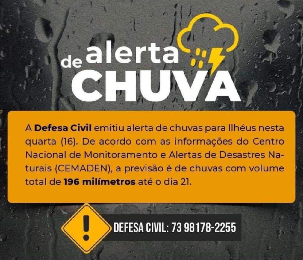 DEFESA CIVIL FAZ ALERTA DE CHUVAS PARA ILHÉUS DEFESA CIVIL FAZ ALERTA DE CHUVAS PARA ILHÉUS