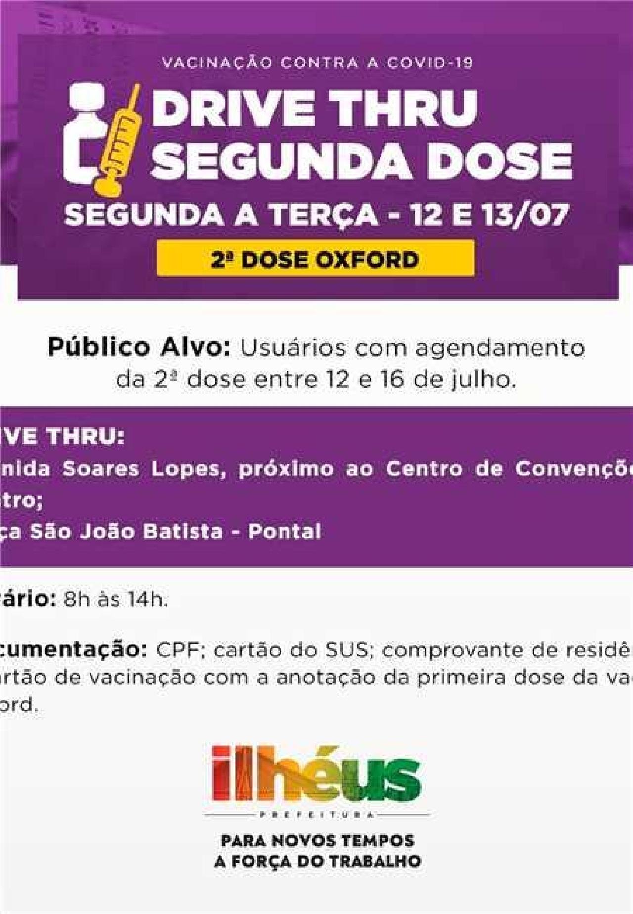 ILHÉUS ANTECIPA  2ª DOSE OXFORD DOS USUÁRIOS DE 12 A 16  DE JULHO PARA INÍCIO DA PRÓXIMA SEMANA