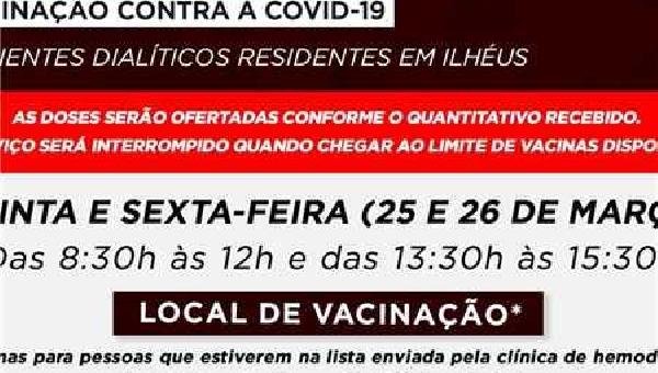 ILHÉUS: SAÚDE CONVOCA PACIENTES RENAIS DA LISTA DA CLÍNICA DE HEMODIÁLISE PARA VACINAÇÃO CONTRA COVID-19