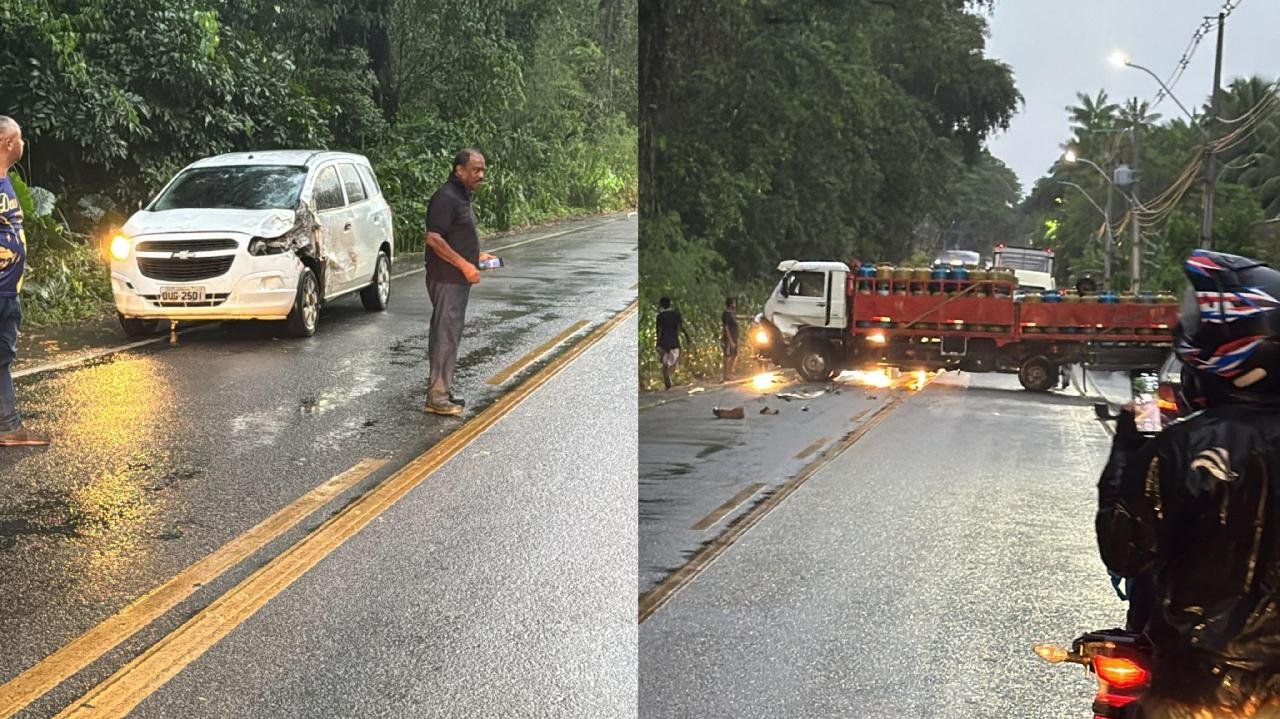 CAMINHÃO DE GÁS RODA NA PISTA MOLHADA E PROVOCA ACIDENTE NA BR-415 ENTRE ILHÉUS E ITABUNA CAMINHÃO DE GÁS RODA NA PISTA MOLHADA E PROVOCA ACIDENTE NA BR-415 ENTRE ILHÉUS E ITABUNA