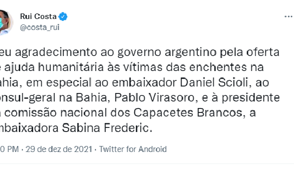 O GOVERNO DA ARGENTINA OFERECE AJUDA HUMANITÁRIA PARA AJUDAR ÀS VÍTIMAS DAS FORTES CHUVAS QUE ATINGEM A BAHIA