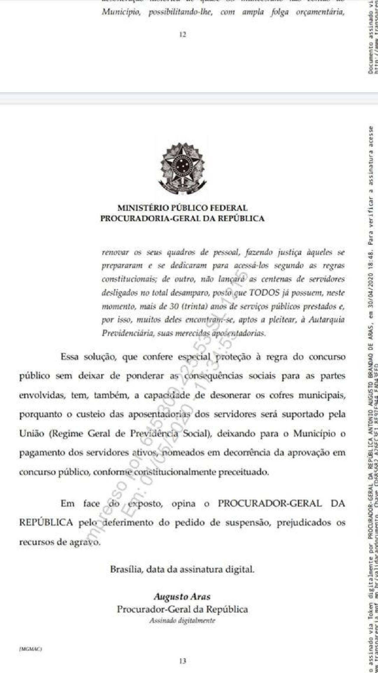 ILHÉUS: PROCURADOR-GERAL DA REPÚBLICA APRESENTA PARECER PARA MANTER AFASTAMENTO DE SERVIDORES DA PREFEITURA