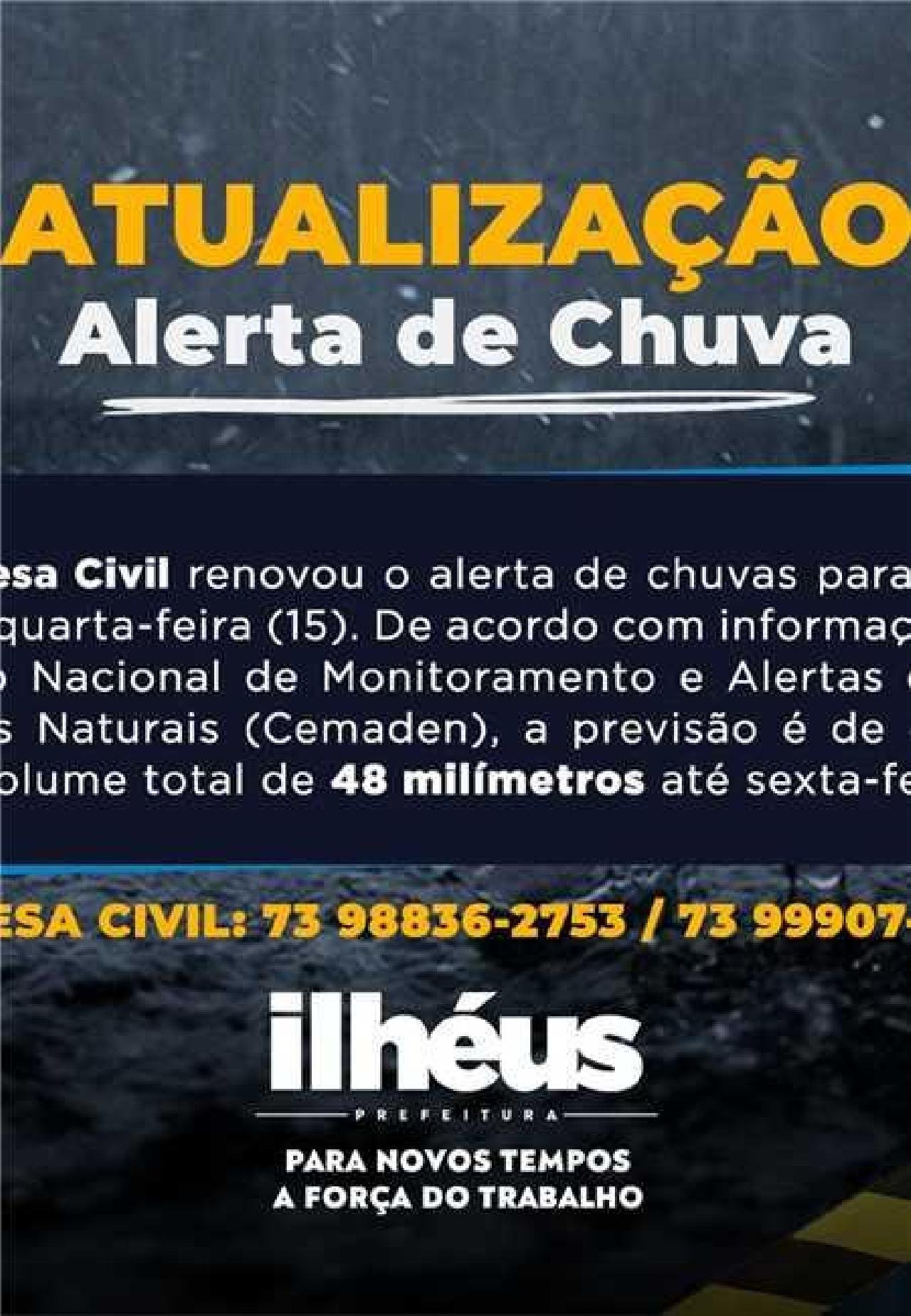 ILHÉUS: DEFESA CIVIL EMITE NOVOS ALERTAS DE CHUVAS ILHÉUS: DEFESA CIVIL EMITE NOVOS ALERTAS DE CHUVAS
