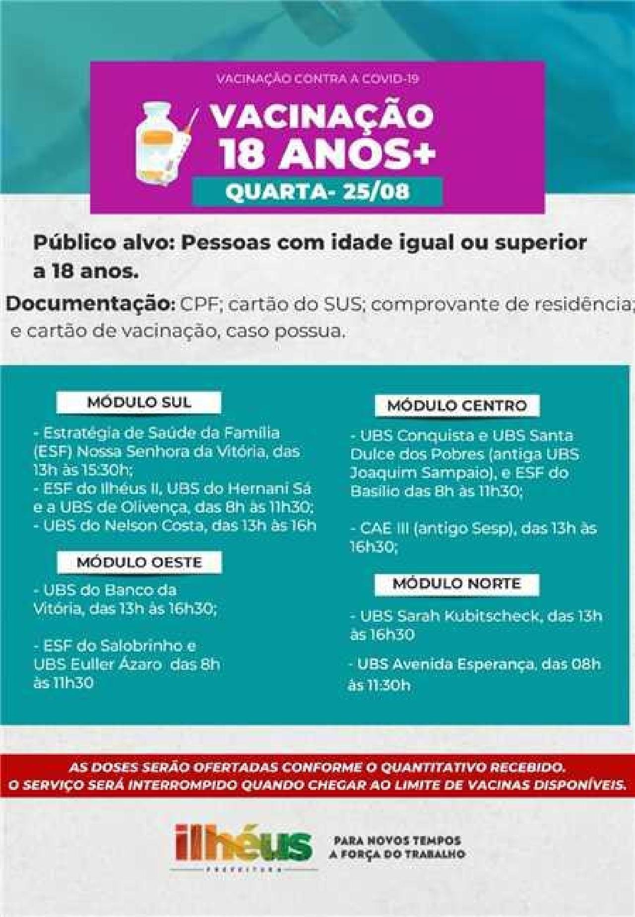 ILHÉUS CONTINUA VACINAÇÃO NESTA QUARTA-FEIRA (25)