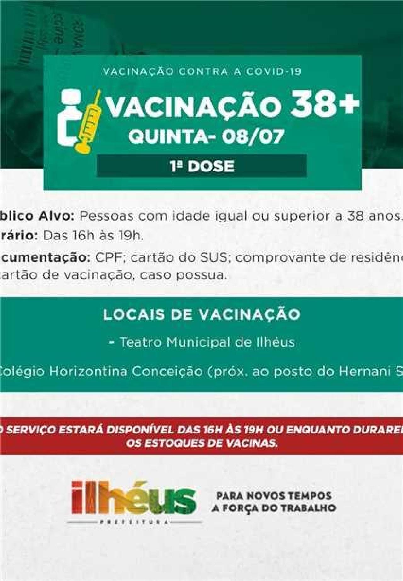 COVID-19: VACINAÇÃO CONTINUA PARA PÚBLICO 38 + NESTA QUINTA-FEIRA COVID-19: VACINAÇÃO CONTINUA PARA PÚBLICO 38 + NESTA QUINTA-FEIRA