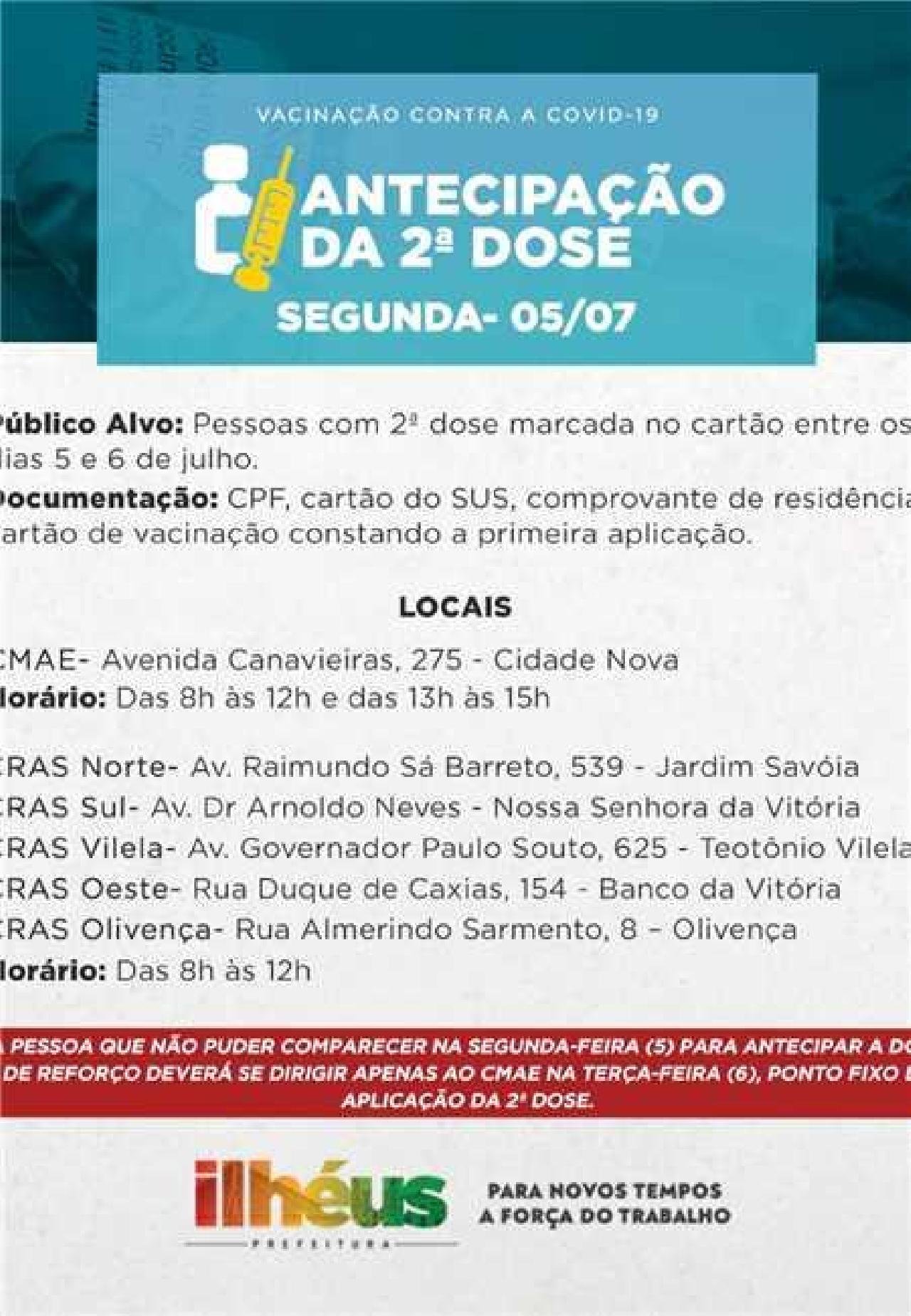 ILHÉUS ANTECIPA A APLICAÇÃO DA 2ª DOSE CONTRA A COVID-19 NESTA SEGUNDA (5) ILHÉUS ANTECIPA A APLICAÇÃO DA 2ª DOSE CONTRA A COVID-19 NESTA SEGUNDA (5)