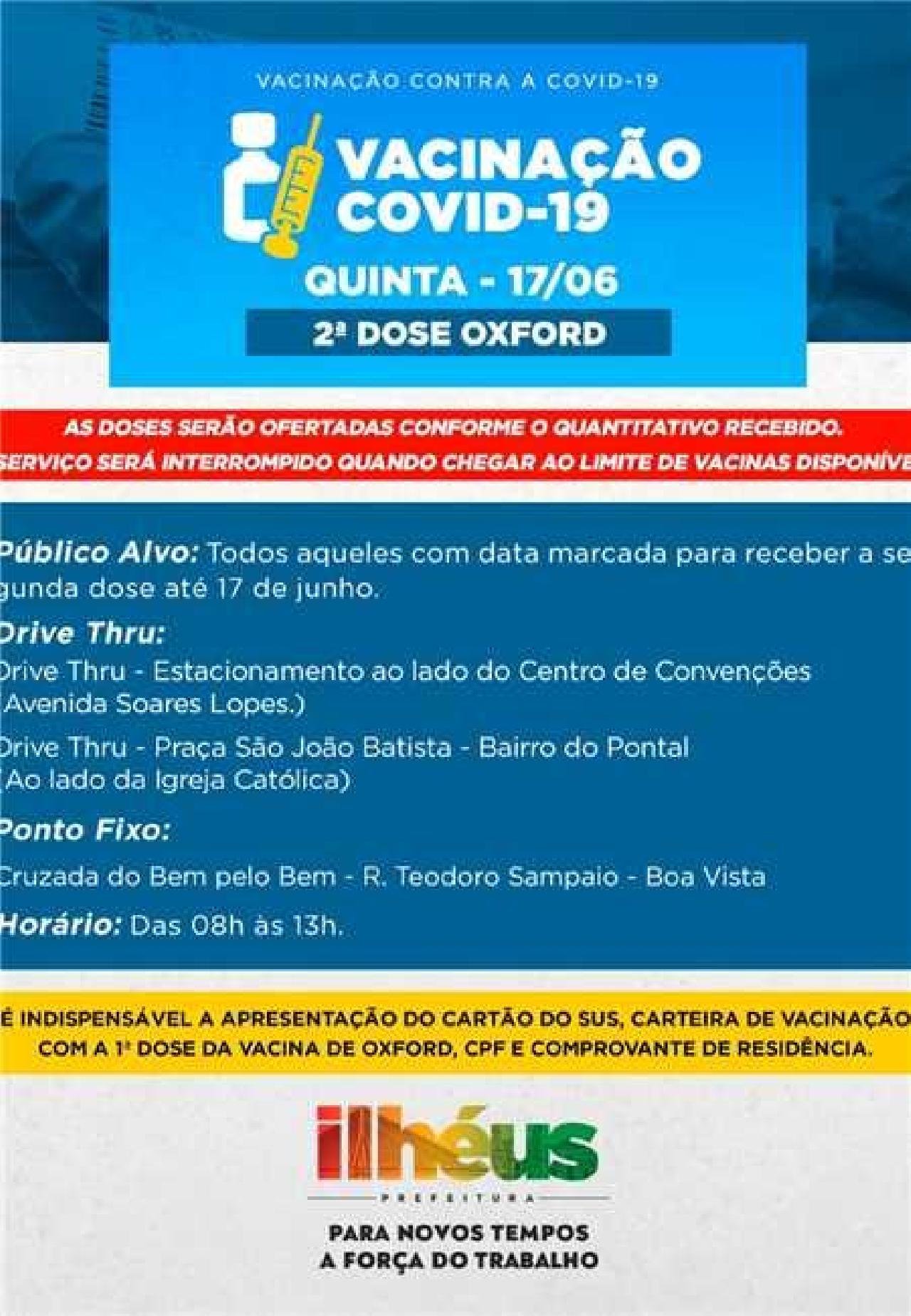 ILHÉUS CONVOCA PARA SEGUNDA DOSE DA OXFORD ILHÉUS CONVOCA PARA SEGUNDA DOSE DA OXFORD