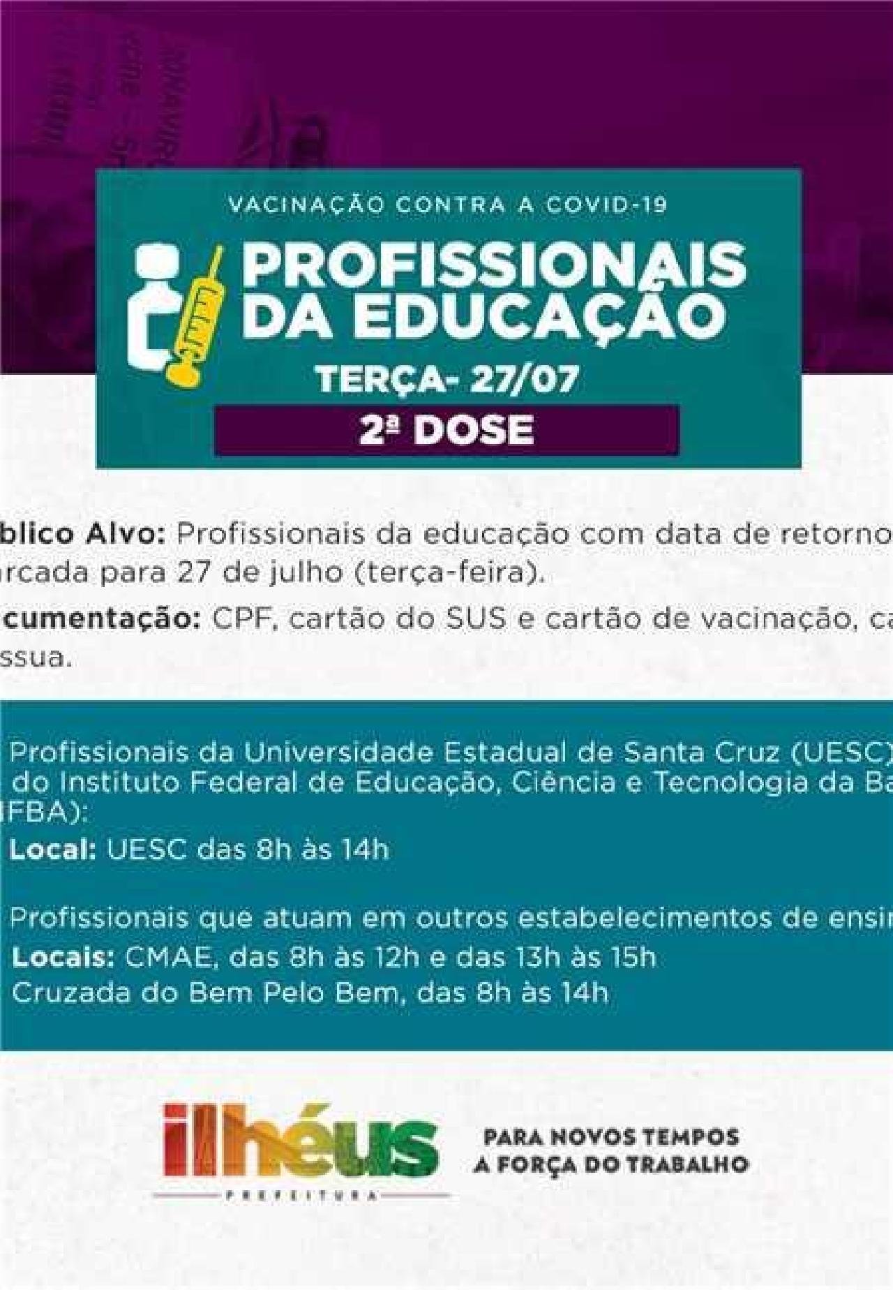 COVID-19: APLICAÇÃO DA 2ª DOSE PARA PROFISSIONAIS DA EDUCAÇÃO COMEÇA NESTA TERÇA (27); VEJA PONTOS COVID-19: APLICAÇÃO DA 2ª DOSE PARA PROFISSIONAIS DA EDUCAÇÃO COMEÇA NESTA TERÇA (27); VEJA PONTOS