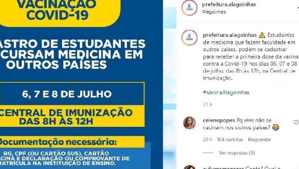CADASTRO PARA VACINAR QUEM ESTUDA MEDICINA NO EXTERIOR CAUSA POLÊMICA EM ALAGOINHAS